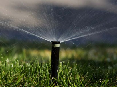 A sprinkler waters a lawn 