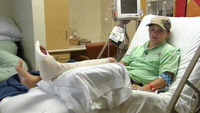 Nicholas Vossler underwent his fourth surgery to repair his foot after he was attached by a bull shark off the Texas coast.