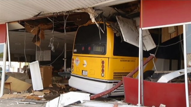 A Dallas Area Rapid Transit bus crashed into a Salvation Army store on W. Jefferson Blvd. after it collided with a car that may have been going the wrong way on Polk St., which is a one-way street.