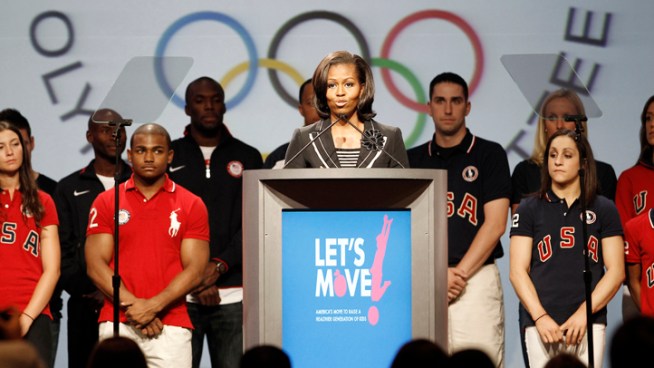 First lady Michelle Obama made an appearance at the Olympic Summit in Dallas Monday to promote her Let's Move campaign aimed at helping raise healthier kids.