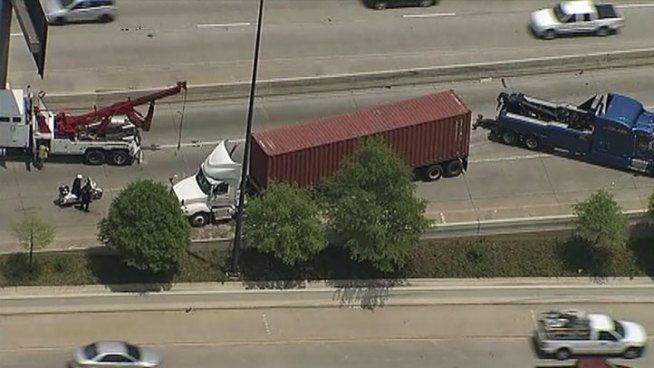 The Texas Department of Transportation expects the eastbound Woodall Rogers ramp to northbound U.S. 75 to be closed through rush hour Tuesday after a semi-truck overturned.