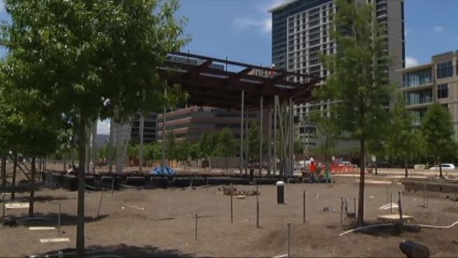 Construction on Klyde Warren Park, which extends over Dallas' Woodall Rodgers freeway, is making progress.