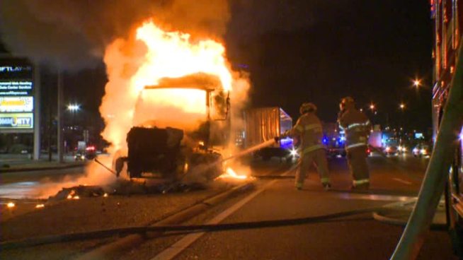 RAW VIDEO: Truck on fire shuts down I-35 E in Dallas.