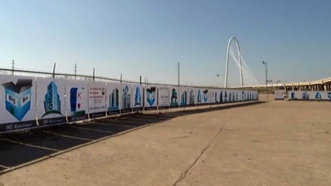 Banners advertising gambling are up this week at the prime Dallas development site known as 505 Riverfront where a big new park is planned beside the Margaret Hunt Hill Bridge along the Trinity River.