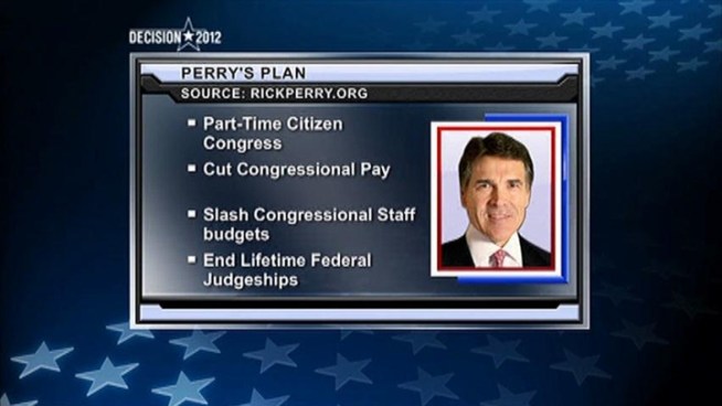 While campaigning in Iowa, Gov. Rick Perry outlined his plan to change Washington including cutting pay to congressional leaders and end lifetime appointments for federal judges.