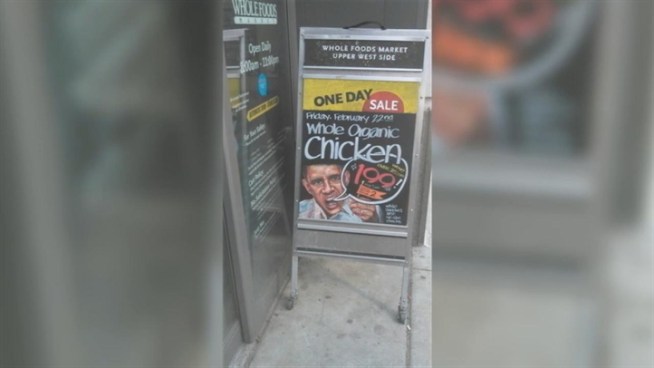 Some Whole Foods customers are complaining about a sign featuring the president that advertises a sale on chicken.  Pei-Sze Cheng reports.