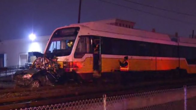 No injuries were reported after a DART train hit a car on the tracks near the Villa Creek crossing between the Farmers Branch and Royal Lane stations early Monday morning.
