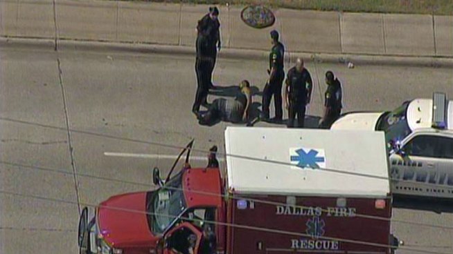 Two Dallas Police officers and a male suspect are in the hospital after a family violence call turned into a vehicle pursuit.