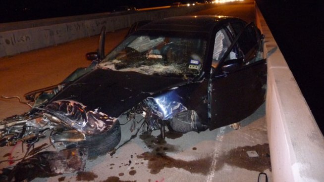 A driver is in the hospital this morning after crashing his car into a bridge over Joe Pool Lake.