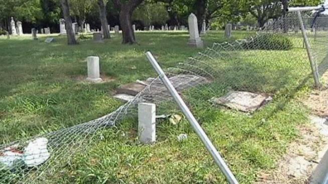 A suspect in a police chase crashed into a cemetery on Saturn and Miller Roads in Garland on April 20, 2012. The Williams Family Foundation is working to repair the damages.