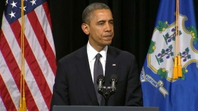 President Obama promises action during ceremony honoring victims of the Newtown shooting.