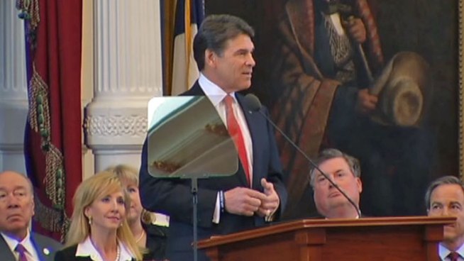 Gov. Rick Perry delivered his State of the State speech Tuesday in Austin and discussed money for roads, returning taxpayer money and even got heckled.