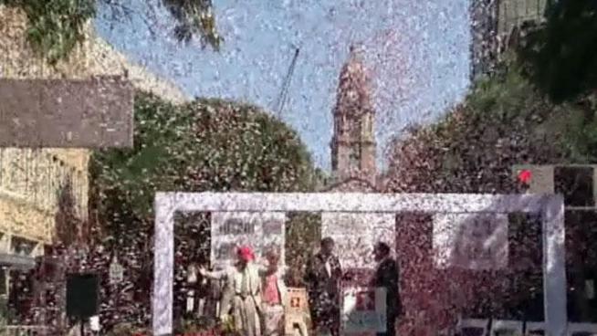 Fort Worth decided to forgo the traditional golden shovels, opting for colorful confetti to celebrate the new construction project in Sundance Square.
