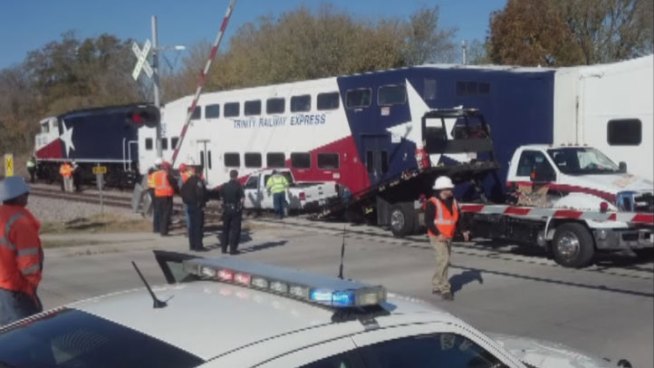 A Trinity Rail Express train hit a pick-up truck around 9:45am near Gilbert and Rock Island in Irving, leaving one person injured and the train delayed for several hours.