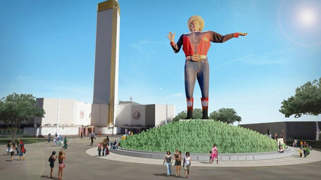 Dallas design firm Studio Outside released renderings of the plans that show a limestone seating wall surrounding the center ring where Big Tex will stand. The rendering depicts the Big Tex's old design -- his new look will be revealed later this year.