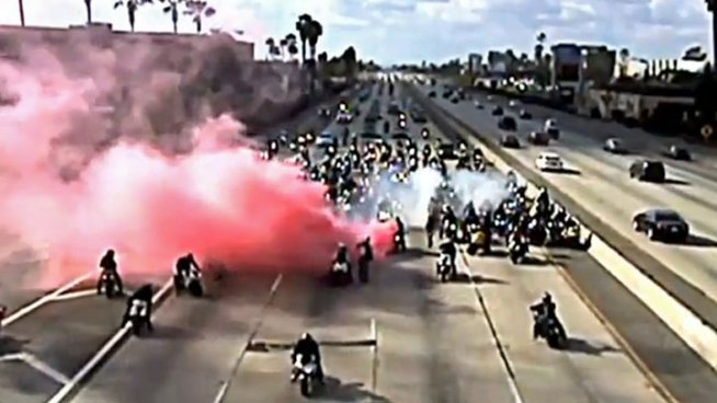 The CHP is investigating a group of about 300 motorcyclists who <a href=