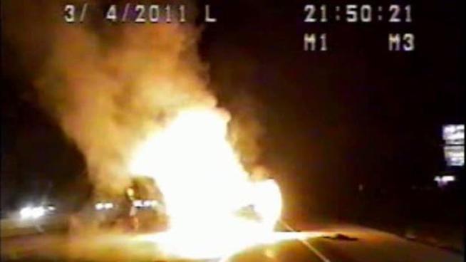 <strong>WARNING: Profanity:</strong> A Dallas County sheriff's deputy saves a man from a burning car. <em>This raw footage contains some profanity.</em>