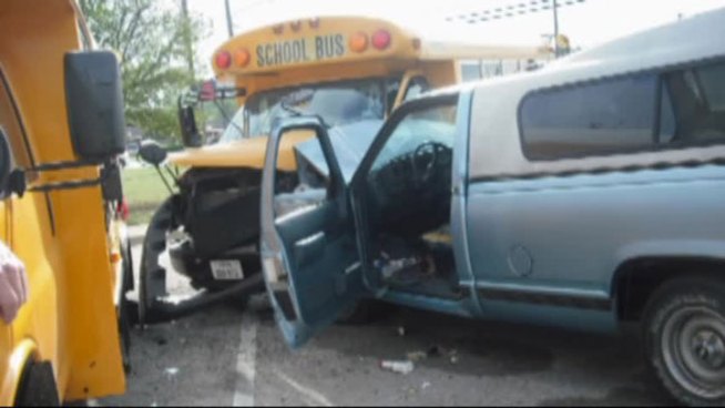 Denton Christian Preschool is in desperate need of two school buses after a car crashed into them in the parking lot.