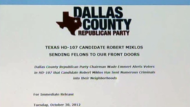 The Dallas County Republican Party is telling voters that a Democratic state House candidate is hiring felons for his campaign. The candidate, Robert Miklos, who is running against incumbent Rep. Kenneth Sheets, says the recorded message is a 
