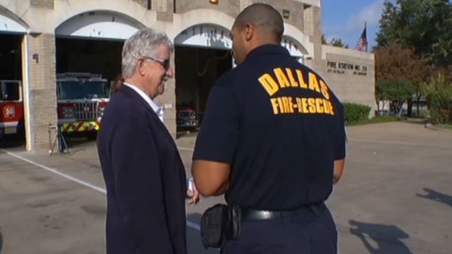 Roy Tousley collapsed at the Galleria Mall on October 27 and was saved by Dallas Fire-Rescue. He and his wife stopped by station 20 to thank rescuers before going home.