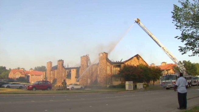Four people were taken to a hospital for injuries sustained at an apartment complex fire. Two people were injured from smoke inhalation. One firefighter was injured after falling off a truck and another was hit by falling debris.