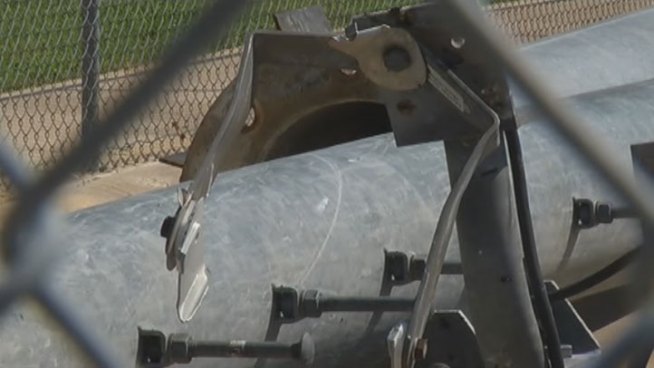 The stadium lights at Mustang-Panther Stadium in Colleyville are being removed after one of the poles fell over the weekend.