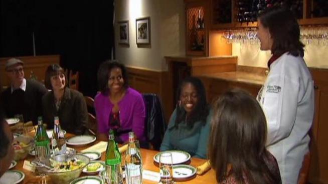 First lady Michelle Obama dined with a small group of parents while promoting her Let's Move initiative to fight childhood obesity.