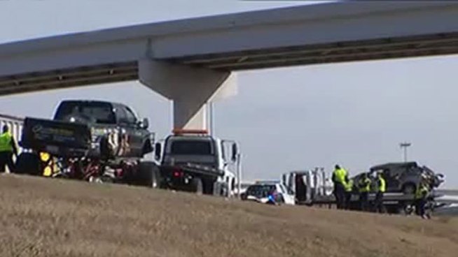 Two people are hospitalized after a minivan crashed into both a vehicle and a pedestrian along Interstate 20 Thursday morning.