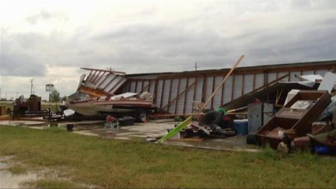 Strong winds tore apart a storage unit in Denton County.