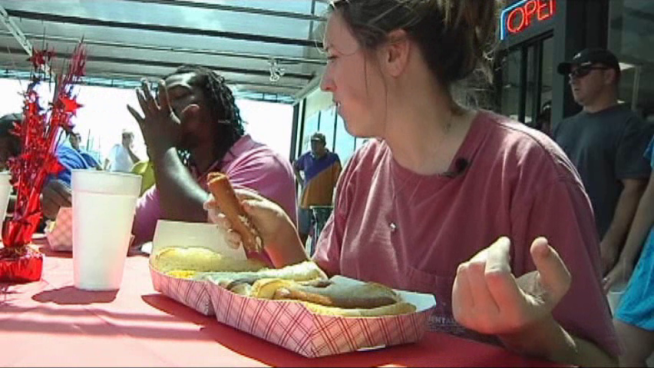 A handful of North Texans tested their hunger and tried to win Curly's Frozen Custard hot dog eating contest.