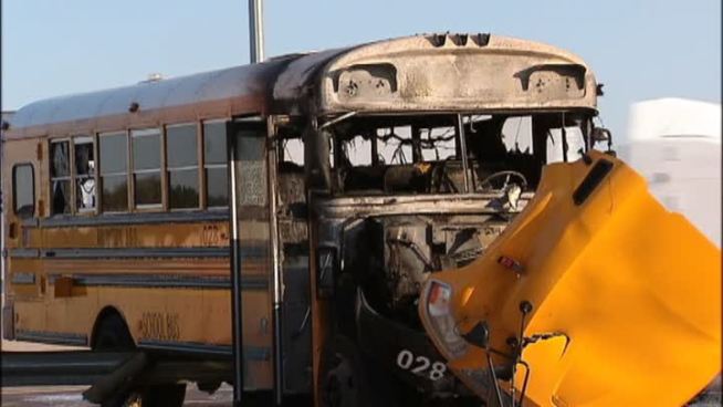 A school bus caught fire Wednesday morning in Arlington after a multi-vehicle crash along Interstate 30.