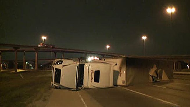 The driver of an 18-wheeler is unhurt after his big rig flipped entering eastbound I-30 from I-635 in Mesquite Friday morning.