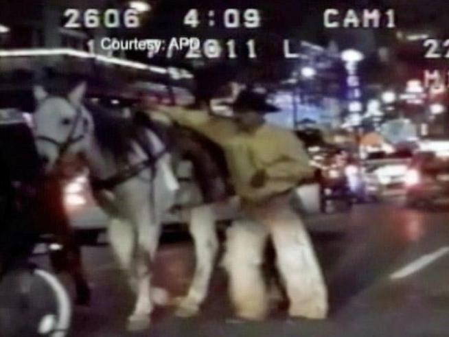 Two men, each dressed in cowboy hats and chaps, one on a horse and the other on a donkey were arrested for public intoxication on Sixth Street in <a title=