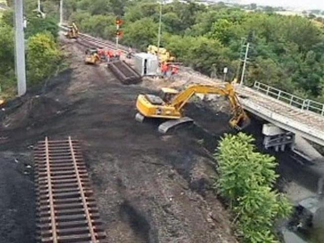A freight train derailment in the <a title=