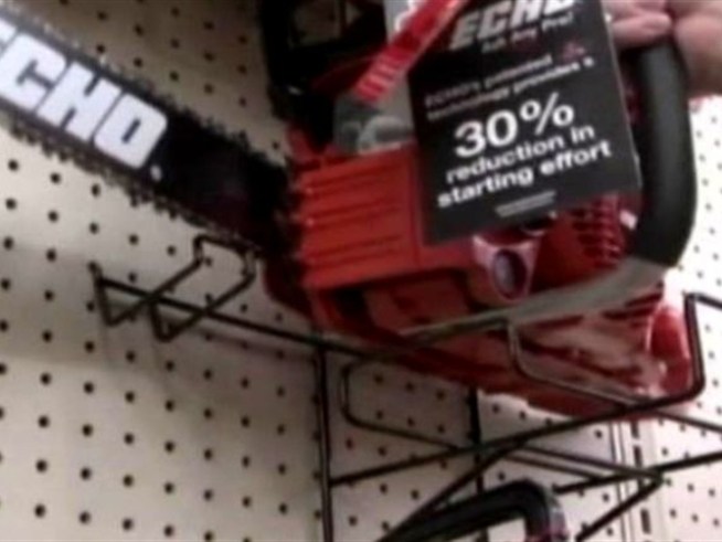 Man attempts to steal chainsaw by stuffing it down his pants and waddling out of store.