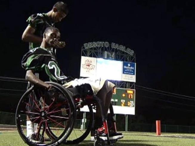 A Desoto High football player who was paralyzed in spring training last year will always be a part of the Eagles.