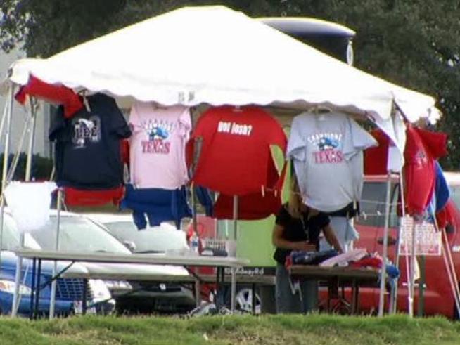 As licensed Rangers gear gets harder to find, street-side vendors offer unofficial merchandise.