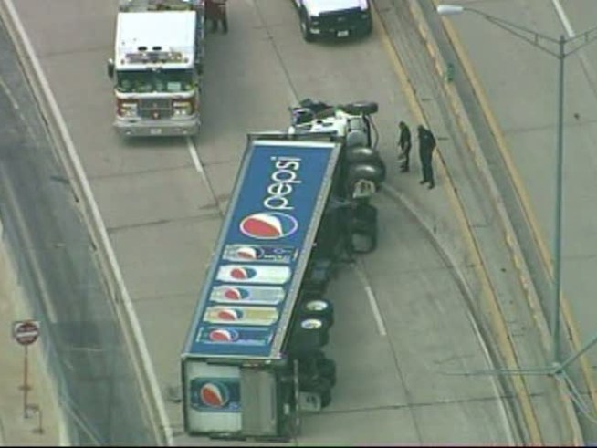 An 18-Wheeler overturned on the North <a title=