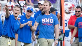 FORT WORTH, TX – SEPTEMBER 21: SMU Mustangs offensive coordinator Rhett Lashlee looks on from the sideline during the college football game between the SMU Mustangs and TCU Horned Frogs on September 21, 2019 at Amon G. Carter Stadium in Fort Worth, TX.  (Photo by Matthew Visinsky/Icon Sportswire via Getty Images)