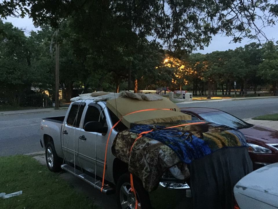 Hail coverage From Dalton Romo of Euless. Took us 30 min! 8 blankets, two pillows, and a memory foam pad!