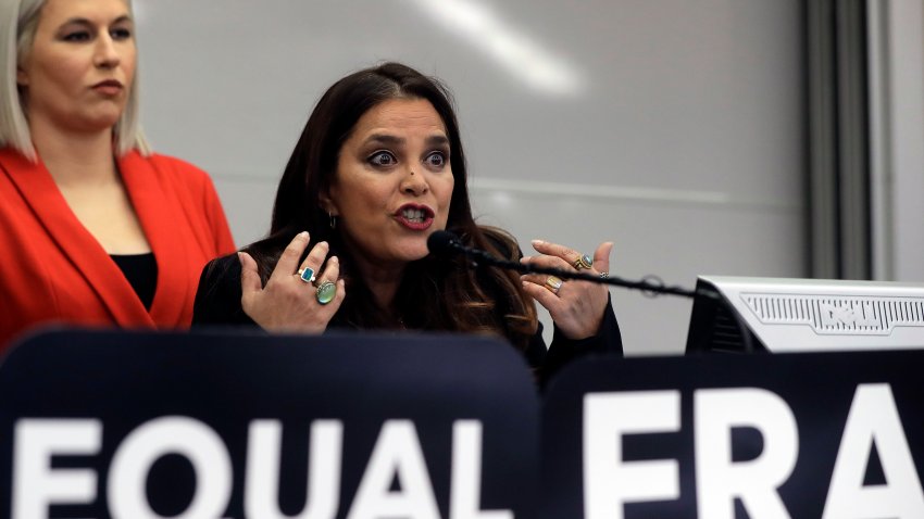 Kamala Lopez, right, president of Equal Means Equal, faces reporters as Natalie White, left, vice president of the organization, looks on during a news conference, Tuesday, Jan. 7, 2020, in Boston. Supporters of the Equal Rights Amendment filed the federal lawsuit in Massachusetts aimed at paving the way for adoption of the long-delayed constitutional amendment.