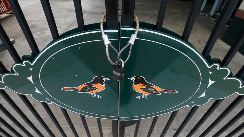 Locked gates and empty walkways are shown at Oriole Park at Camden Yards, home of the Baltimore Orioles baseball team, on what was to be opening day March 26, 2020, in Baltimore, Md.