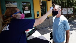 In this June 11, 2020, file photo, health services worker Summer Deibert, left, checks the temperature of James McCluskey, right, as he arrives for work before the reopening of the San Diego Zoo in San Diego.