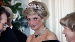 In this Nov. 2, 1987, file photo, the Princess of Wales is pictured during an evening reception given by the West German President Richard von Weizsacker in honour of the British Royal guests in the Godesberg Redoute in Bonn, Germany.