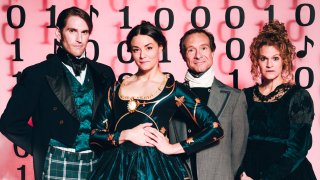 four people in period dress at stage west's production of Garret Storms, Kelsey Milbourn, Steven Pounders, Megan Haratine in Stage West's Ada and the Engine