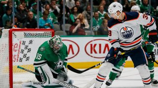 Dallas Stars goaltender Anton Khudobin (35) tries to block a shot as Edmonton Oilers right wing Alex Chiasson (39) looks on during the game between the Dallas Stars and the Edmonton Oilers on March 3, 2020 at American Airlines Center in Dallas, Texas.