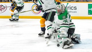 Anton Khudobin #35 of the Dallas Stars makes the save against the Nashville Predators at Bridgestone Arena on Dec. 14, 2019 in Nashville, Tennessee.