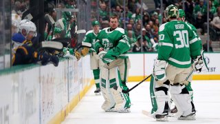 Anton Khudobin #35 of the Dallas Stars replaces Ben Bishop #30 of the Dallas Stars against the St. Louis Blues in the second period at American Airlines Center on Feb. 21, 2020 in Dallas, Texas.