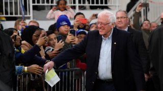 Democratic presidential candidate Sen. Bernie Sanders, I-Vt., arrives to speak during a campaign rally in Springfield, Va., Saturday, Feb. 29, 2020.