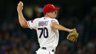 Brock Burke #70 of the Texas Rangers pitches in the third inning against the Oakland Athletics at Globe Life Park in Arlington on Sept. 13, 2019 in Arlington, Texas.